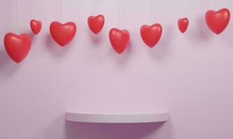 Red heart and pink round shelf. Empty Shelves, 3d rendering photo