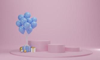 Gift box with balloon and circle podium on pink pastel background. Abstract celebration platform scene. 3d rendering photo