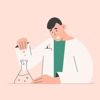 Scientist. Young man experimenting in lab, making science research. vector