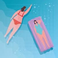 cute plump women in lying down on inflatable float in the pool vector