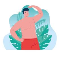 man in shorts red color, happy guy in swimsuit with tropical leaves scene vector