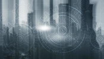 Gears on modern architecture background. Business processes concept photo