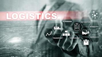 Logistic and transport concept. Businessman shows logistics diagram. Online goods orders. Goods delivery. Mixed media photo