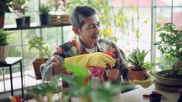 gelukkige senior aziatische gepensioneerde man ontspant en geniet van vrijetijdsbesteding in de tuin thuis. video