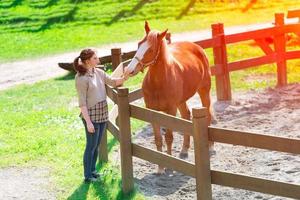 chica acariciando un caballo en una valla en un hermoso día. foto