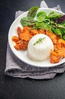 rice meat curry and leaves lettuce mix fresh portion dietary healthy meal food diet still life snack photo