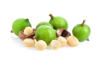 macadamia nuts with leaf isolated on white background. photo