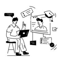 Hand drawn illustration of online education, student taking online class vector