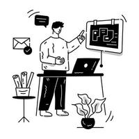 Person monitoring online data, hand drawn illustration of a software engineer vector