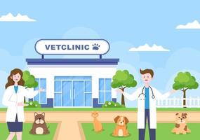 médico de la clínica veterinaria examinando, vacunando y cuidando la salud de mascotas como perros y gatos en caricatura plana ilustración vectorial de fondo para afiches o pancartas vector