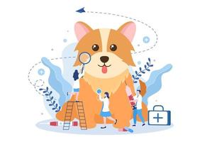 médico de la clínica veterinaria examinando, vacunando y cuidando la salud de mascotas como perros y gatos en caricatura plana ilustración vectorial de fondo para afiches o pancartas vector