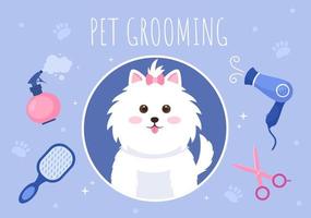 Pet Grooming for Dogs and Cats in Flat Cartoon Hand drawn Background Illustration. The Main Tools Which are used in Beauty Salon for Poster or Banner vector