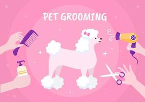 Pet Grooming for Dogs and Cats in Flat Cartoon Hand drawn Background Illustration. The Main Tools Which are used in Beauty Salon for Poster or Banner vector