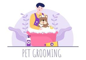 Pet Grooming for Dogs and Cats in Flat Cartoon Hand drawn Background Illustration. The Main Tools Which are used in Beauty Salon for Poster or Banner vector