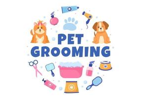 Pet Grooming for Dogs and Cats in Flat Cartoon Hand drawn Background Illustration. The Main Tools Which are used in Beauty Salon for Poster or Banner vector