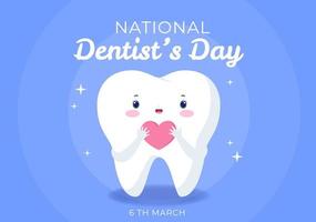 día mundial del dentista con dientes y cepillos de dientes para prevenir las caries y la atención médica en una ilustración de fondo de caricatura plana adecuada para afiches o pancartas vector