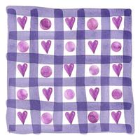 Simple seamless pattern with striped purple hearts on white background. Watercolor hand-drawn illustration. Perfect for textile, fabrics, wrapping paper, linens, invitations, cards, covers and decor. photo