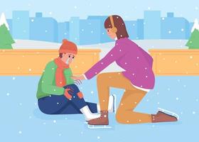 Accident on ice rink flat color vector illustration