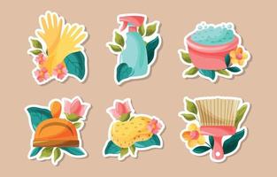 Spring Cleaning Doodle Sticker Collection With Flower And Foliage vector