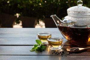 Mint Tea in Kettle and Cup on Wooden Table in Garden