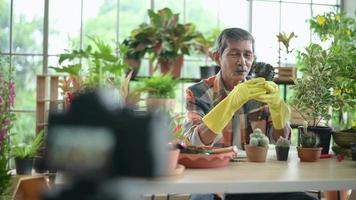 un entrepreneur senior travaillant avec une caméra présente des plantes d'intérieur lors d'une diffusion en direct en ligne à la maison, vendant un concept en ligne