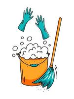 Hand drawn cleaning elements. Isolated on white background mop, bucket of foam and rubber gloves. Vector illustration in doodle style.