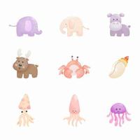 Watercolor animals set. Elephant, hippopotamus, reindeer, crab, shellfish, squid, jellyfish. Digital paint. Vector illustration.