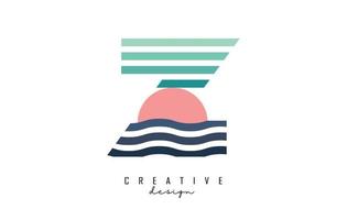 Letter Z logo design with gradient lines and red half circle. Vector illustration with sea and sunset lines.