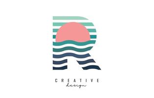 Letter R logo design with gradient lines and red half circle. Vector illustration with sea and sunset lines.