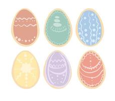 conjunto de huevos de pascua. pan de jengibre pintado en forma de huevos, decorado con patrones. decoración de pascua postre de pascua. vector