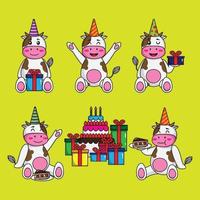 conjunto de dibujos animados pose linda de dibujos animados de vaca y pastel de cumpleaños vector