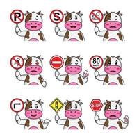 cartoon set cute cow cartoon in poses telling different traffic signs vector