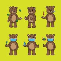 cartoon set cute teddy bear with corona in different poses vector