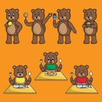 conjunto de dibujos animados lindo oso de peluche en diferentes poses para comer vector