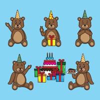 cartoon set cute pose of teddy bear and birthday cake vector