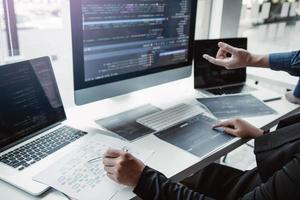 Two asian team working development of programming and encryption technology website design programmers on desk in office. photo