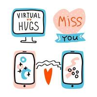 Valentines Day set doodle icon mobile phone Virtual Love. Monitor, Internet Love, talk, chat, decoration, heart. Miss You and Virtual Hugs Lettering. Hand drawn, line art, flat and lettering vector
