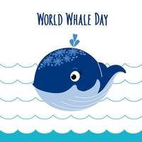 Cute Whale blowing fountain in the blue sea Waves. World Whale Day handwritten Lettering. World whales day abstract sign and baby-whale. Protection of marine mammals. Vector flat illustration