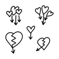 Linear set doodle icon love arrow with hearts and broken hearts. Love pointer, trajectory, like. Vector design element for social media, valentines day and romantic designs