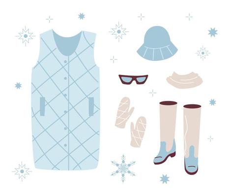 Set trendy Winter clothed. Down vest, Panama hat, scarf, mittens, glasses, boots. Modern Clothing for spring, autumn or winter. Vector illustration in flat style isolated on white background
