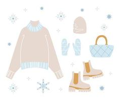Vector stylish fashion set of womans clothes, accessories and cosmetics. Casual pastel color autum, winter or spring outfit with sweater, trousers, scarf and boots