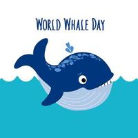 Cute Whale blowing fountain in the blue sea Waves. World Whale Day handwritten Lettering. World whales day abstract sign and baby-whale. Protection of marine mammals. Vector flat illustration