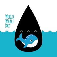 Whale in a dirty drop of oil in Ocean and Waves. World Whale Day Lettering. World whales day abstract concept, sign and symbol. Vector flat illustration for card, logo, banner, placard, leaflet, flyer