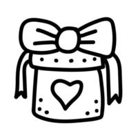 Valentines day Doodle icon Gift box with ribbon bow and heart. Love gift surprise for love-day. Hand drawn Illustration for web, banner, card, print, flyer, poster, holiday, sticker vector