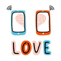 icono de doodle de san valentín amor virtual wi-fi. Internet amor, charla, chat, decoración, corazón y vibraciones. amor de letras abstractas. dibujado a mano, arte de línea e ilustración de vector plano para web, pegatina