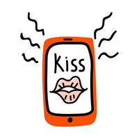 Valentines Day doodle icon mobile phone with lips, Lettering Kiss. Internet Love decoration. Hand drawn, line art, flat and lettering vector for web, banner, card, sticker