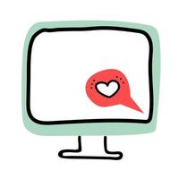 Valentines Day doodle icon computer screen Monitor and Speech bubble with love symbol heart. Love valentine popup message and decoration. Hand drawn, line art, flat and lettering vector