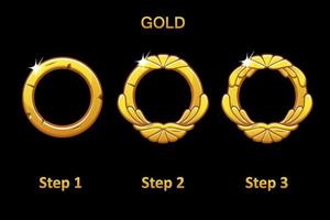 Golden round frame app, 3 steps to progress. Round app icons in steps of drawing for the game on a black background. vector