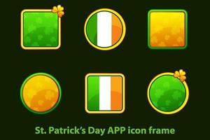 Set of square, round icons with clover and flag of Ireland. Icons for St. Patricks Day in March on a green background. vector