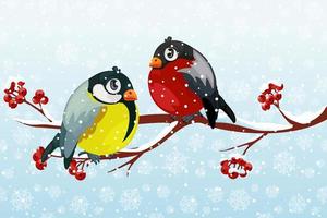 Cartoon Bullfinch and bird Tit on branch Rowan tree under the snowfall. For Christmas decoration, posters, banners and winter sales. Vector illustration Winter season. Other object on separate layers